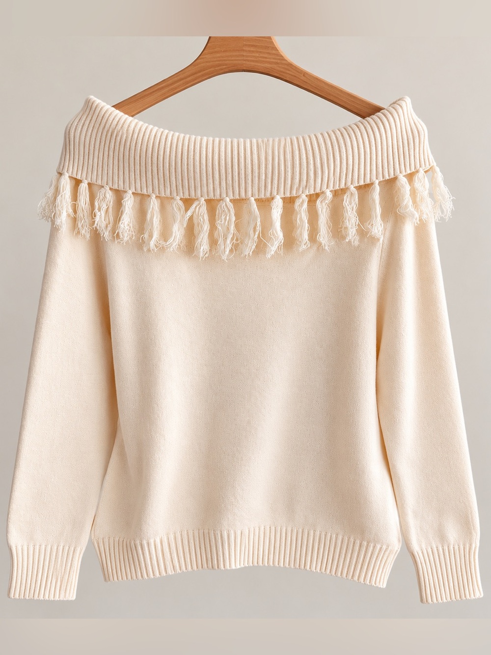 New Ding Joo Ivory Off Shoulder Fringe Tassel Sweater
Size L Boho Knit